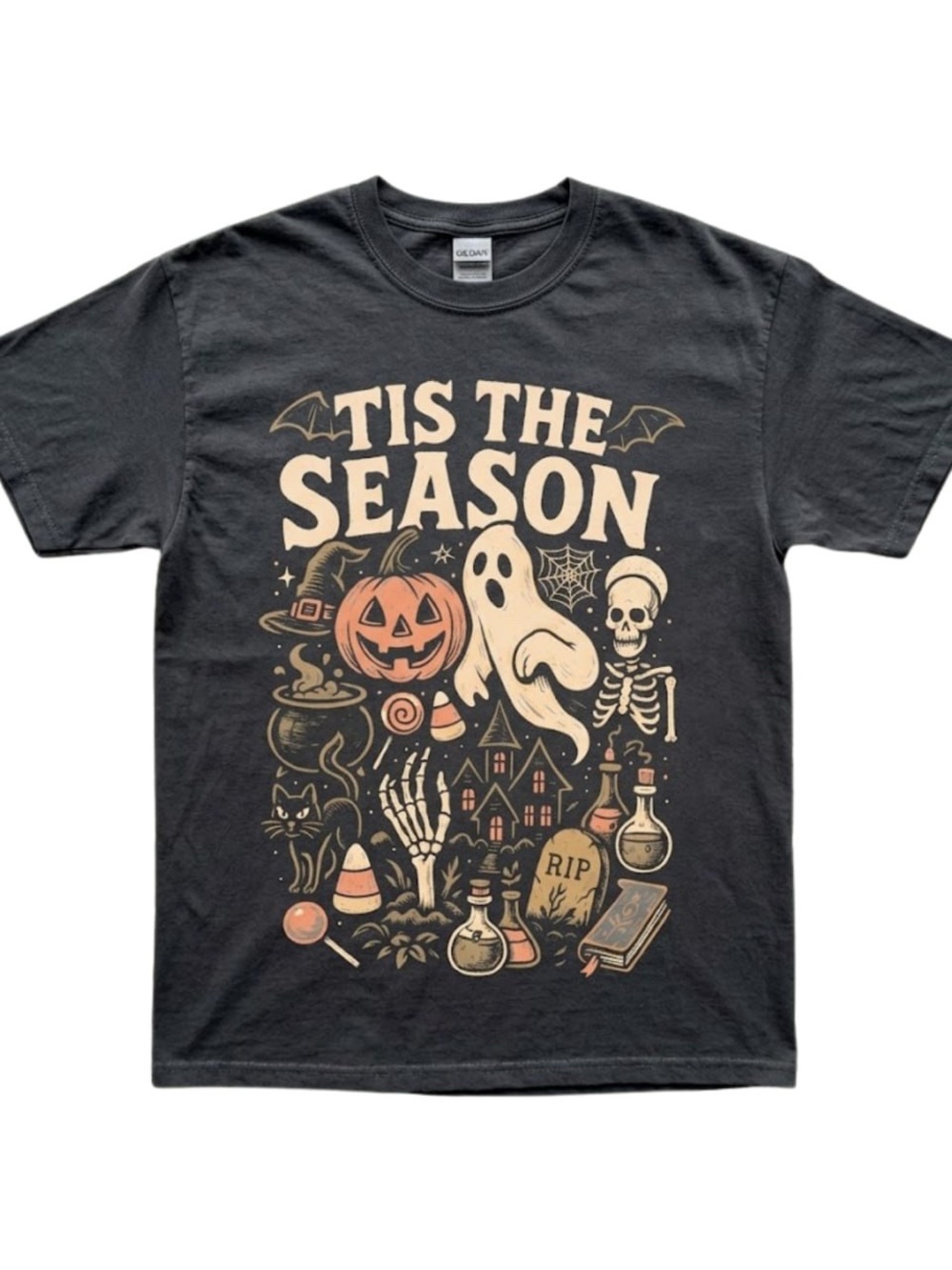 Gildan Black Tis the season skeleton pumpkin ghost Halloween T-shirt